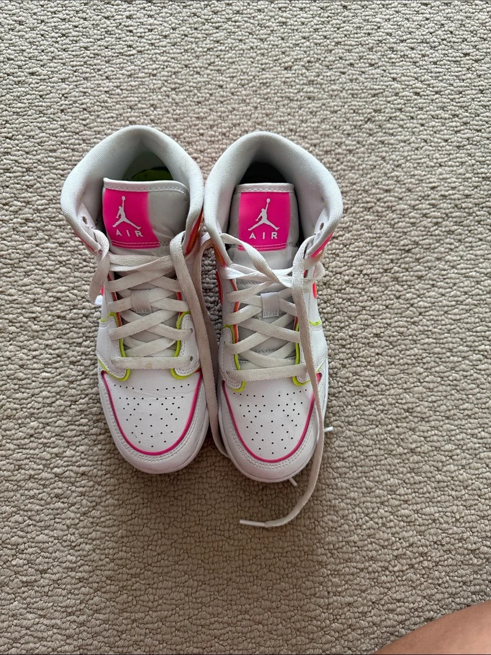 Jordan Kids White Sneakers with Neon Pink, Orange & Yellow Accents